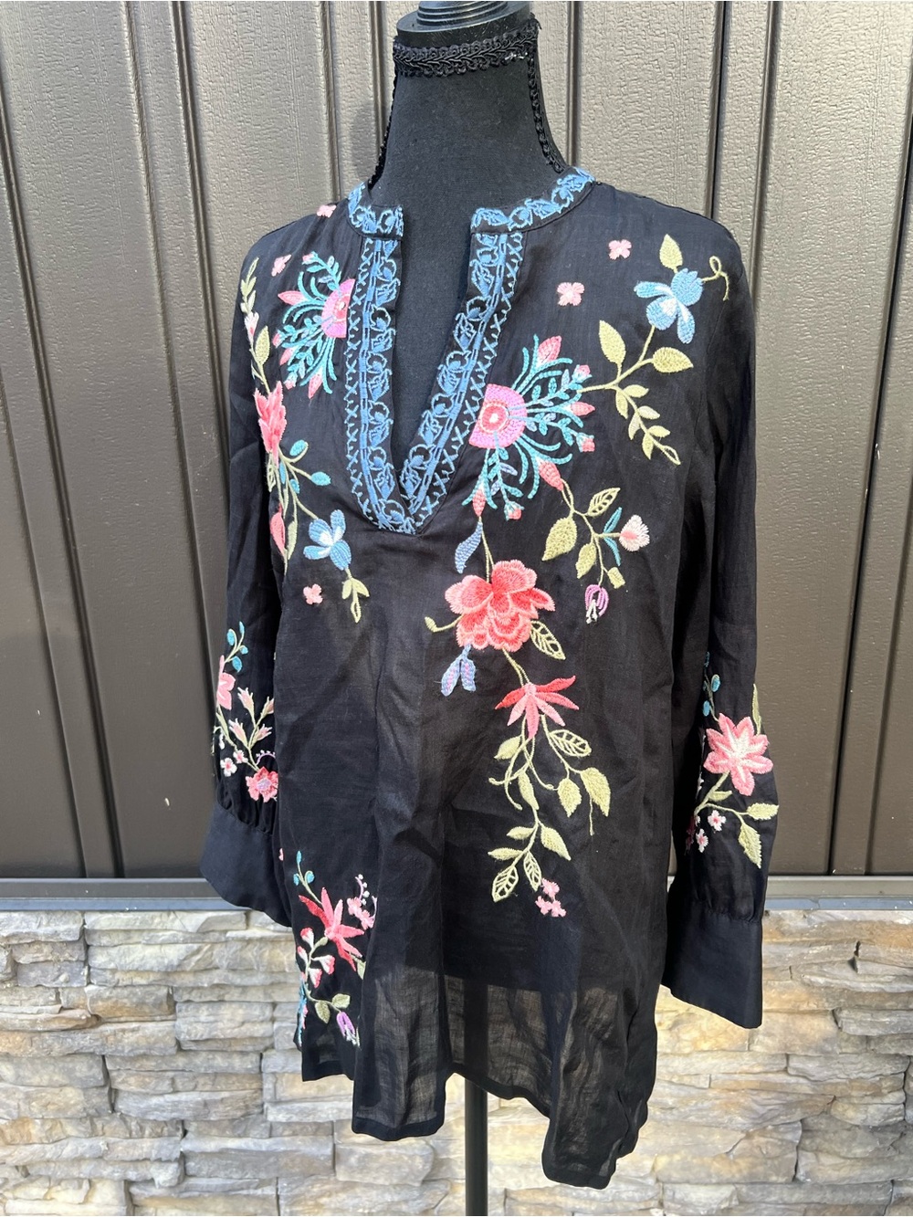 Johnny Was Black Embroidered V-Neck Tunic with Colorful Florals